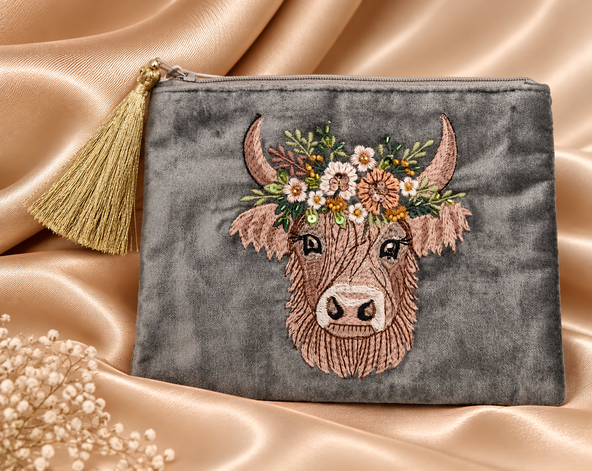 Embroidered Highland Cow Velvet Pouch – Sage Green
