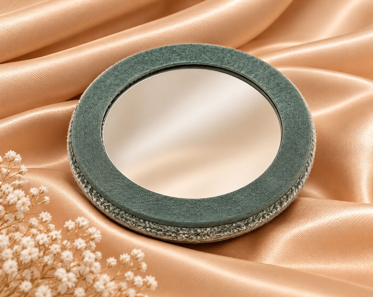 Highland Cow Embroidered Compact Mirror – Sage Green Velvet