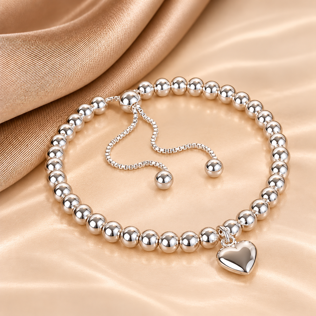 Sterling Silver Beaded Heart Charm Bracelet