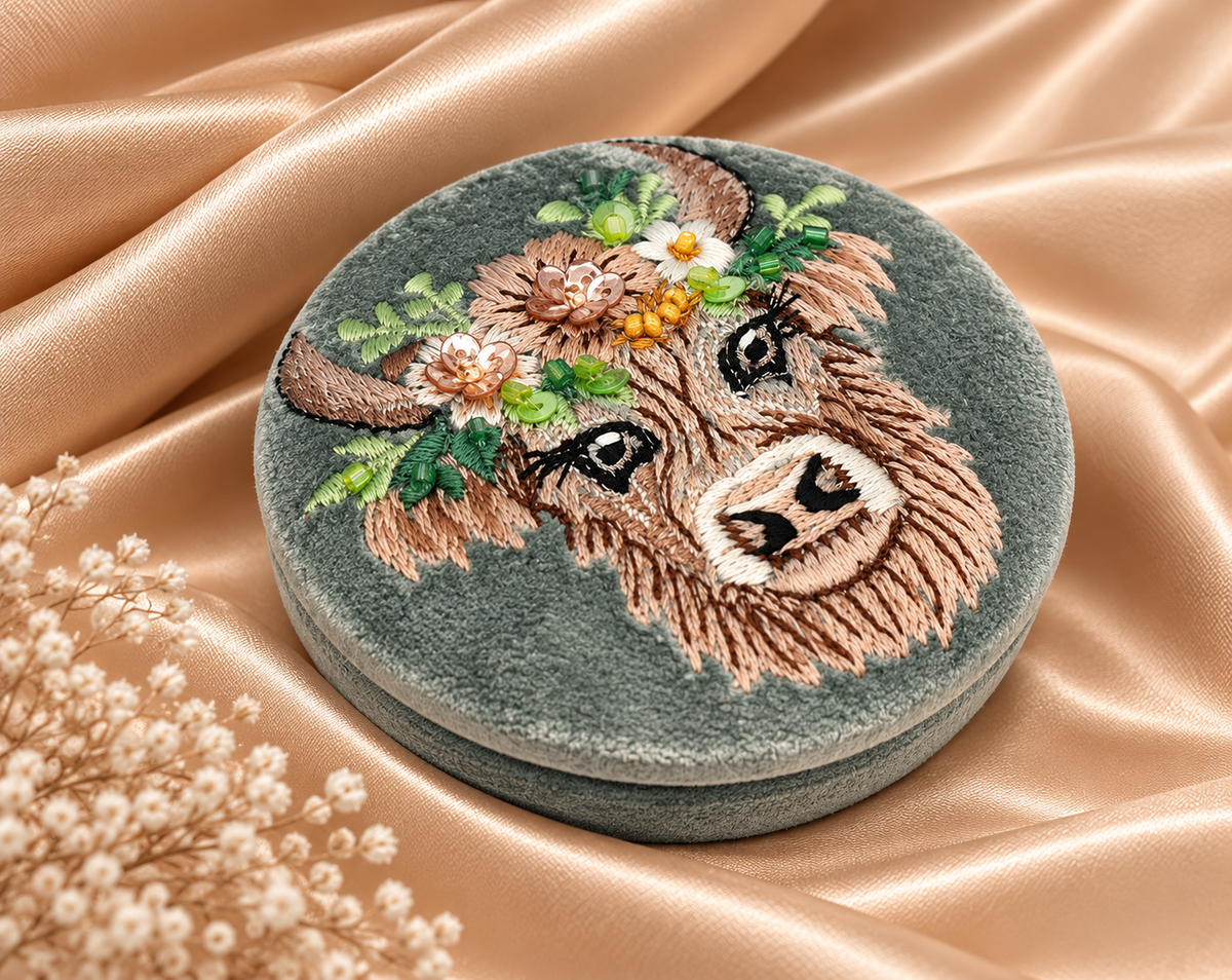 Highland Cow Embroidered Compact Mirror – Sage Green Velvet